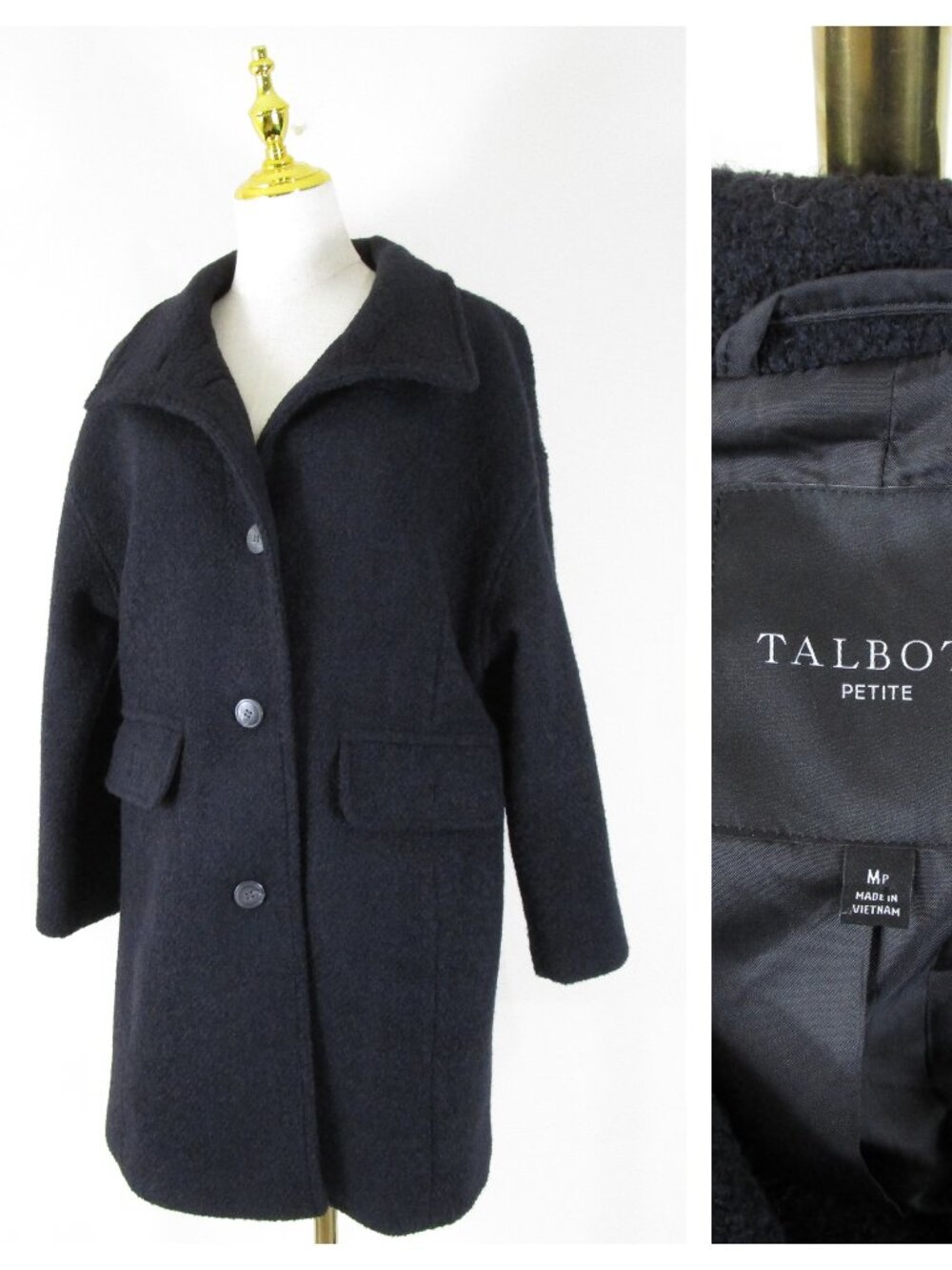Talbot Womens Petite Solid Black Wool Topcoat Parka Over Coat Size MP
